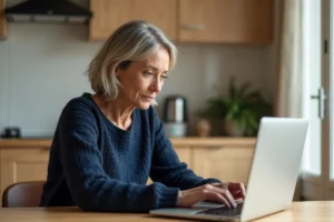 Femme consultant son compte en ligne Crédit Agricole sur un ordinateur portable dans une cuisine moderne