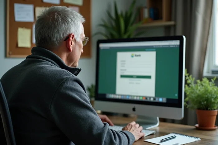 Homme d'âge mûr se connectant à son espace personnel Crédit Agricole sur un ordinateur de bureau à domicile