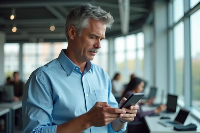 Homme accédant à son espace personnel Pass MultiCadeaux sur smartphone au bureau