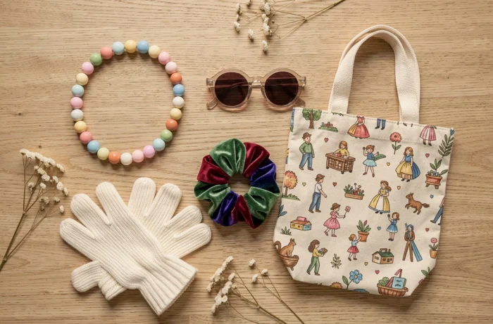 Flat-lay d'accessoires tendance enfant 2024 sur table en chêne clair incluant collier en résine pastel, gants tricot côtelé et lunettes rétro