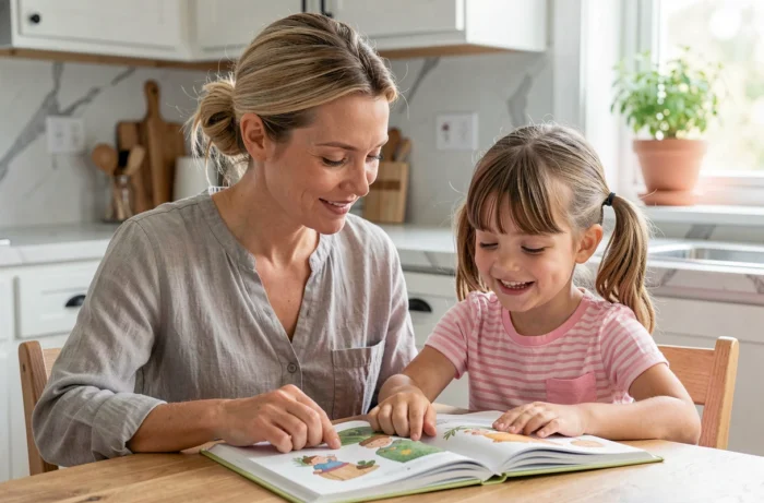 Mère et fille lisant un livre illustré ensemble à la table de cuisine, moment de complicité et d'apprentissage en famille