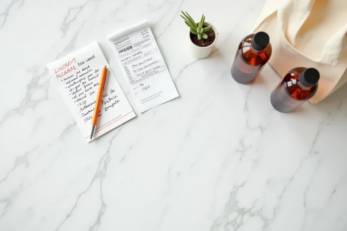 Vue du dessus d'une bouteille d'alcool à 90 degrés alimentaire avec reçu et notes d'achat sur marbre blanc