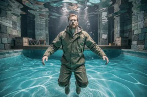 Acteur en costume historique retenant sa respiration sous l'eau lors d'un spectacle aquatique au Puy du Fou