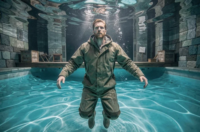 Acteur en costume historique retenant sa respiration sous l'eau lors d'un spectacle aquatique au Puy du Fou