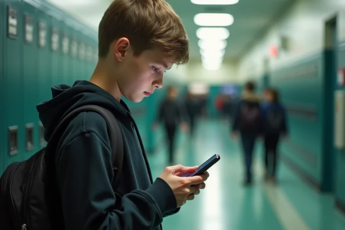 Adolescent accédant à son espace numérique de travail via smartphone dans un couloir scolaire