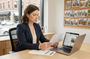 Agente immobilière IAD analysant un comparatif d'honoraires sur documents et ordinateur portable dans un bureau moderne