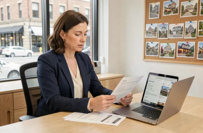 Agente immobilière IAD analysant un comparatif d'honoraires sur documents et ordinateur portable dans un bureau moderne