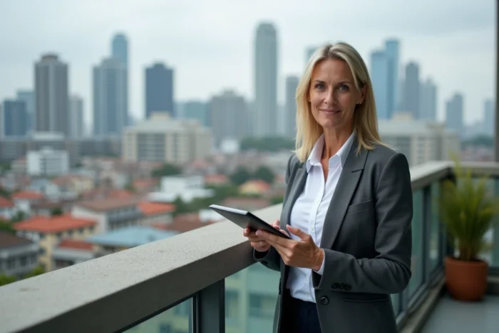 Femme agent immobilier analysant des données sur tablette depuis un balcon avec vue urbaine