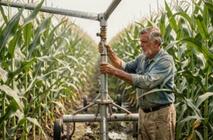 Agriculteur ajustant un système d'irrigation par pivot dans un champ de maïs en plein soleil