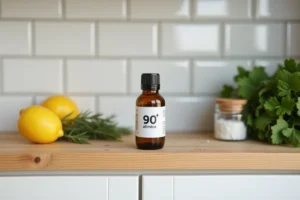 Bouteille d'alcool à 90 degrés alimentaire sur une étagère de cuisine avec des ingrédients naturels