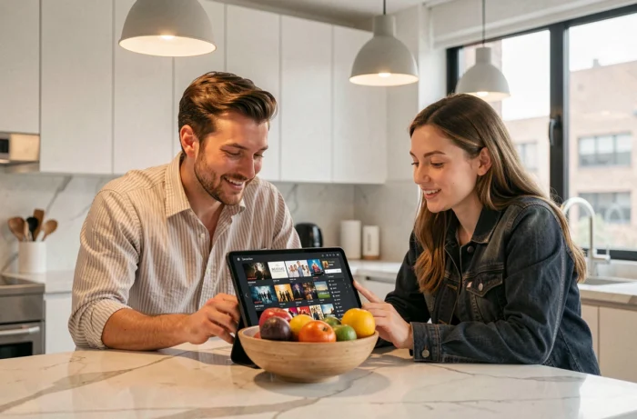 Deux amis parcourant le catalogue d'une plateforme de streaming sur une tablette dans une cuisine moderne