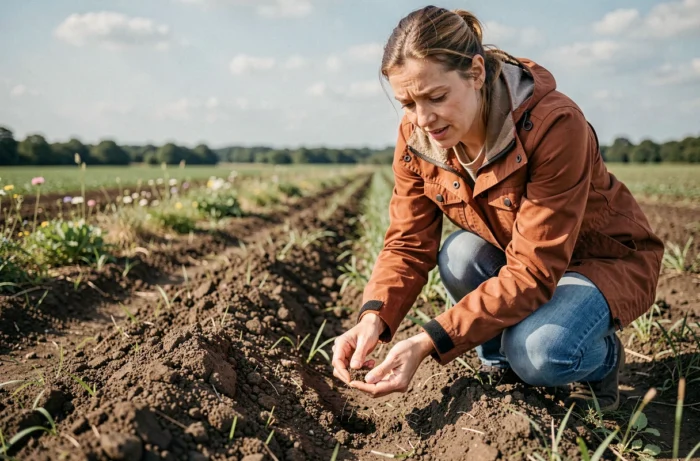 Femme analysant la qualité du sol d'un terrain agricole à louer