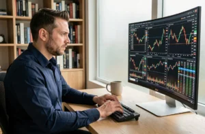 Homme analysant des graphiques boursiers sur un grand écran d'ordinateur dans un bureau moderne à domicile