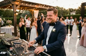 Animation musicale lors d'un mariage en plein air avec DJ et invités qui dansent sur une terrasse décorée