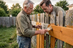 Homme appliquant une lasure bois extérieur sur une clôture en bois dans un jardin, retour d'expérience produit Lidl