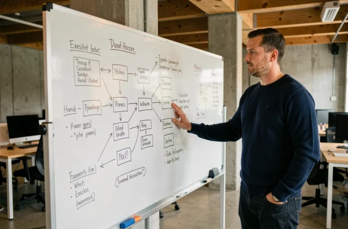 Homme debout devant un tableau blanc avec un schéma d'architecture de site web, symbolisant la structuration du contenu en ligne