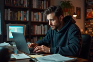Homme consultant des archives du forum jeuxvideo.com sur un ordinateur portable dans un bureau encombré de documents et de jeux vidéo rétro