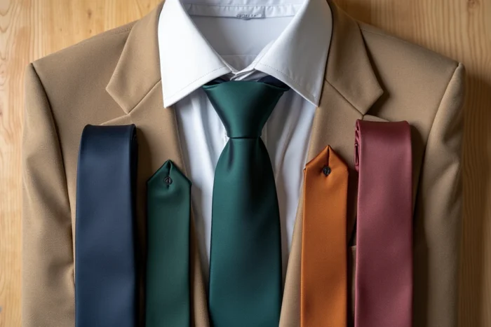 Disposition à plat de cravates colorées assorties à une veste de costume beige sur bois clair