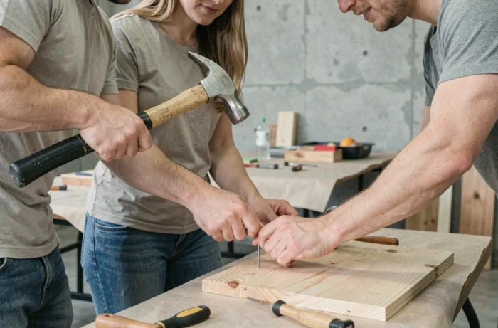 Deux débutants pratiquant le bricolage ensemble lors d'un atelier communautaire abordable