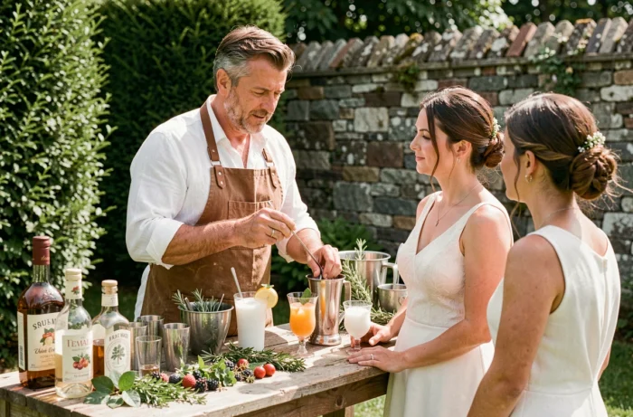 Atelier cocktail animé par un mixologue lors d'un mariage en jardin, invités participant à la dégustation