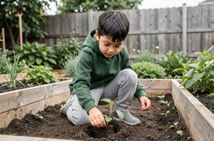 Enfant qui plante un semis dans un jardin verdoyant, apprenant la nature et développant sa curiosité