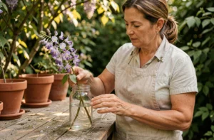Femme réalisant le bouturage d'une glycine dans un bocal en verre rempli d'eau sur une table de jardin en bois