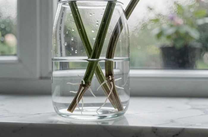 Gros plan sur des boutures de glycine dans un vase en verre avec des racines naissantes visibles dans l'eau claire