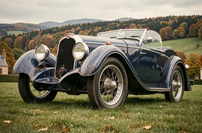Bugatti Type 57 bleue des années 1930 restaurée exposée lors d'un concours de voitures de collection sur un domaine des Ardennes belges