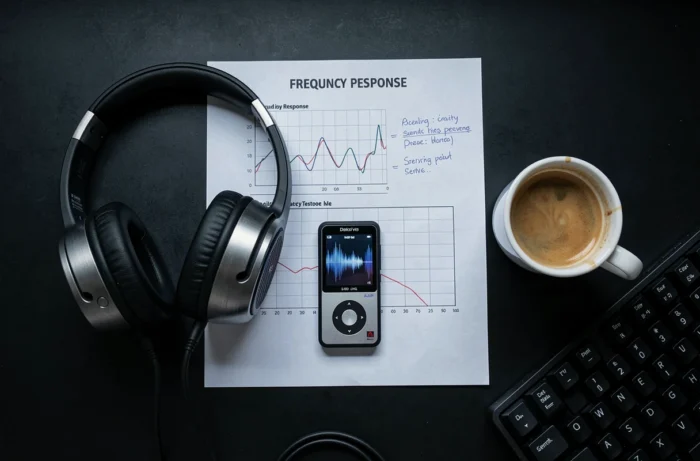 Vue aérienne d'un bureau de test audio avec casque audiophile, lecteur DAP, graphique de réponse en fréquence et accessoires high-tech