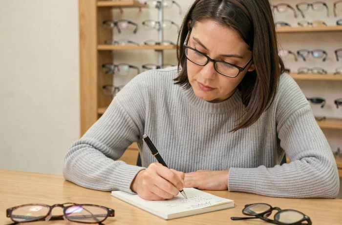Opticienne calculant manuellement l'épaisseur des verres de lunettes sur un bloc-notes dans un bureau professionnel