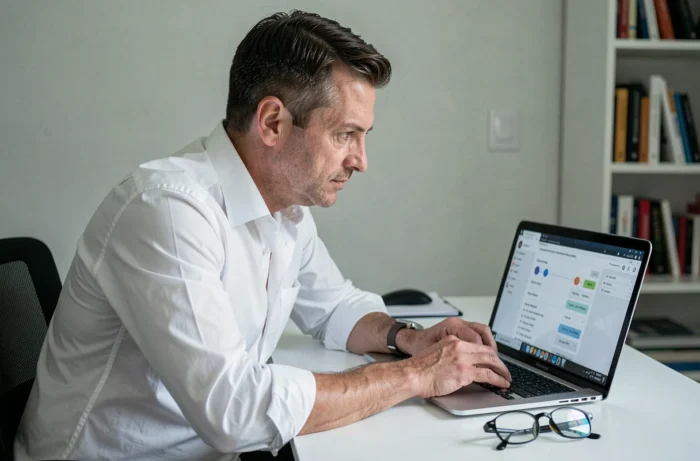 Homme utilisant une calculatrice en ligne pour déterminer l'épaisseur des verres de lunettes sur un ordinateur portable