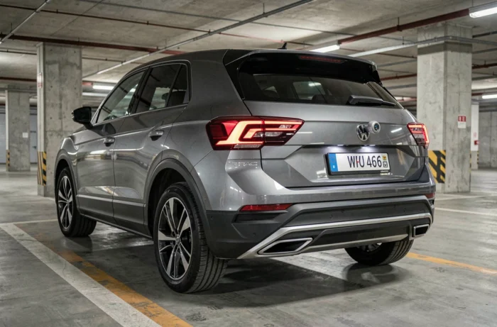 Caméra de recul intégrée dans le hayon d'une Volkswagen T-Roc dans un parking souterrain urbain, vue arrière trois quarts, design 2026