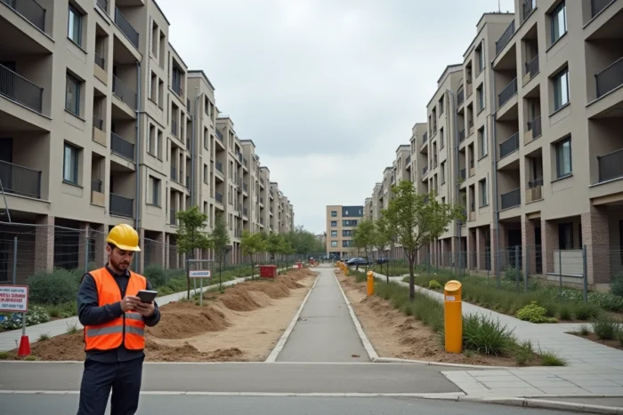 Chantier de rénovation urbaine dans un quartier prioritaire illustrant les projets financés par l'ANRU