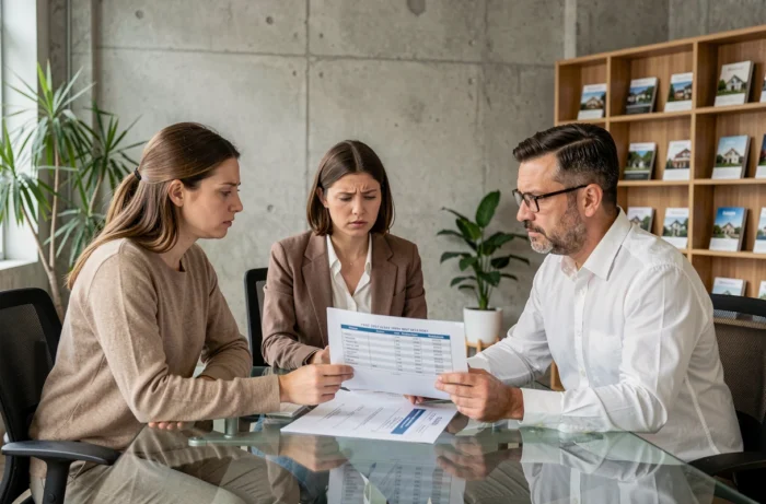 Couple de clients discutant des frais d'agence IAD avec un conseiller immobilier autour d'un tableau comparatif des honoraires