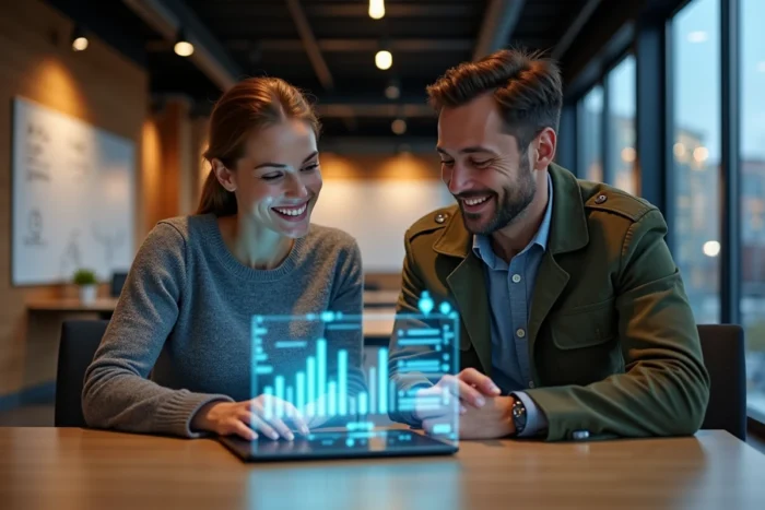 Deux professionnels collaborant sur des innovations technologiques dans un espace de coworking