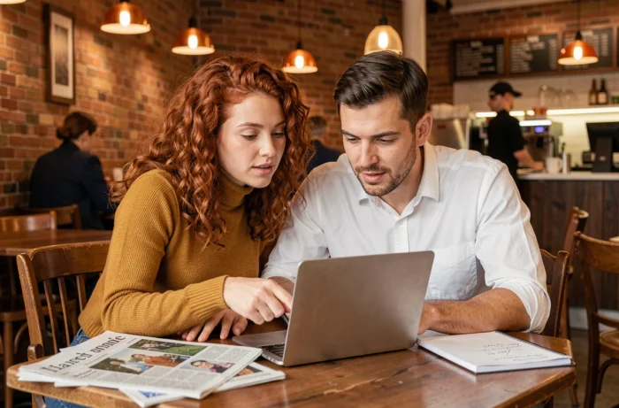 Deux collègues collaborant autour d'un ordinateur portable et de coupures de presse pour rechercher des actualités sur Marcellin dans un café