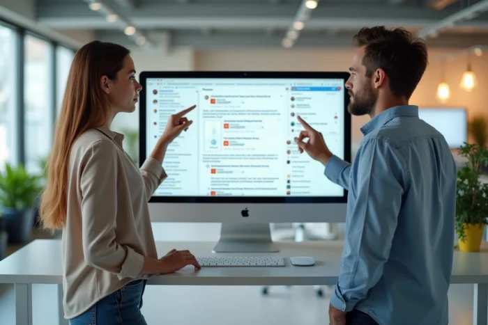 Deux collègues discutant de la fiabilité des avis Gadrov sur les réseaux sociaux devant un écran d'ordinateur
