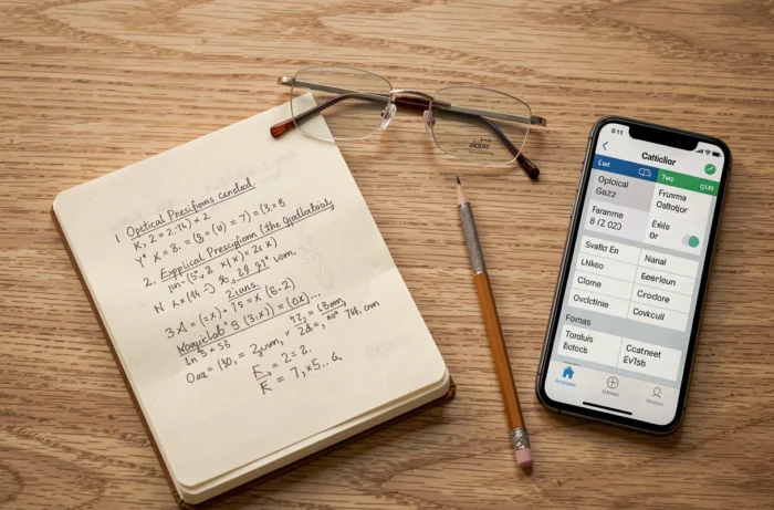 Comparaison entre calcul manuel et calculatrice numérique pour l'épaisseur des verres de lunettes, vue à plat sur une table en bois
