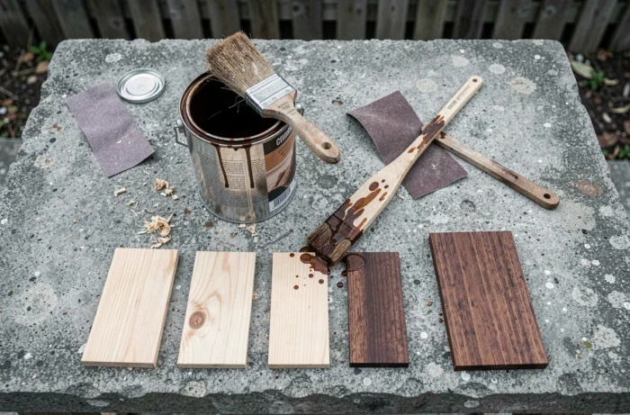 Vue de dessus d'une boîte de lasure bois Lidl avec accessoires de pose sur un établi extérieur, comparaison des teintes