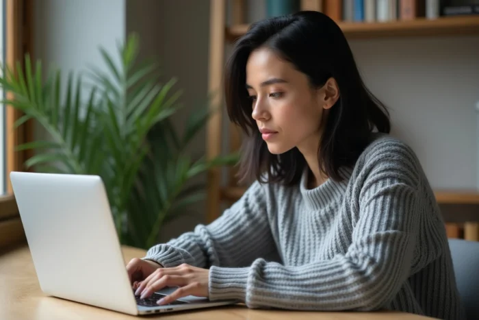 Femme connectée à son compte Pass MultiCadeaux en ligne depuis un bureau à domicile