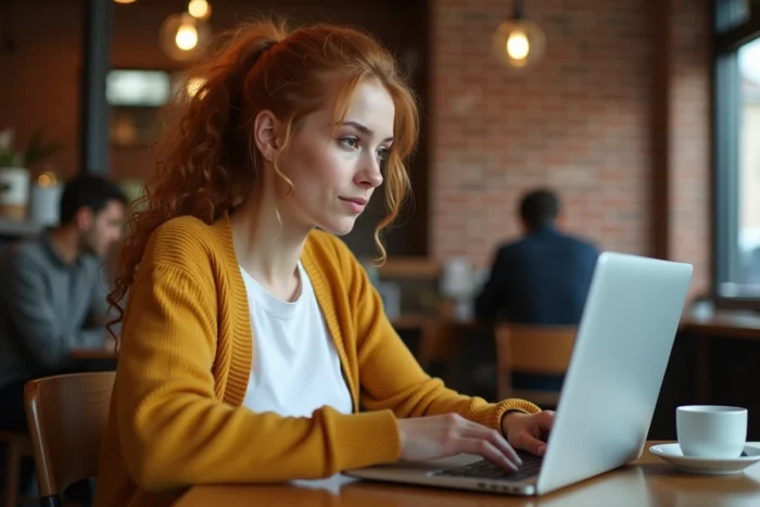 Jeune femme se connectant à son compte Pass MultiCadeaux dans un café avec un ordinateur portable