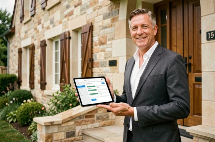 Conseiller immobilier IAD présentant une comparaison des honoraires sur tablette devant une maison résidentielle française