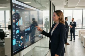 Consultante en cabinet de conseil présentant un tableau de bord digital en temps réel sur écran tactile dans un open-space moderne