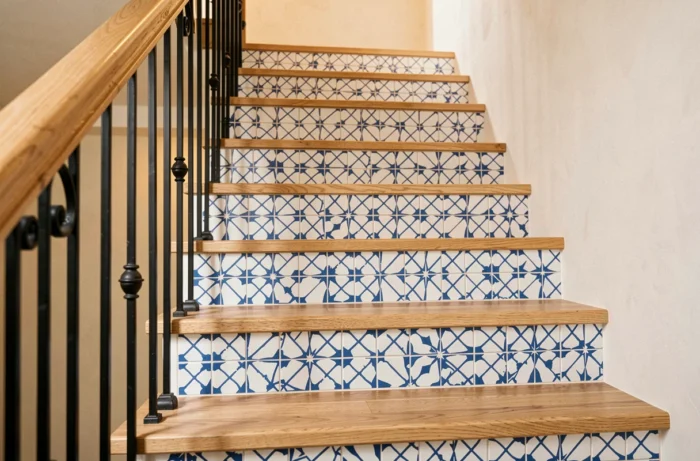 Contremarches décoratives en carrelage céramique à motif géométrique bleu et blanc alternant avec des marches en chêne clair dans un escalier à rampe en fer forgé.