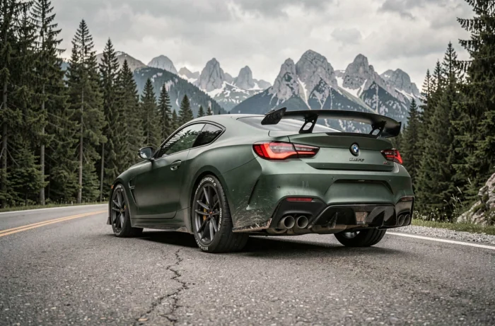 Coupé sportif vert mat en action sur une route de montagne sinueuse, incarnant les tendances performance de l'automobile actuelle