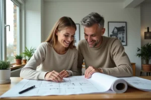 Couple consultant des plans immobiliers dans une agence moderne aux grandes baies vitrées
