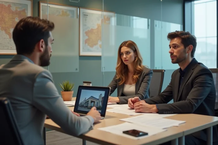 Couple discutant avec un agent immobilier pour constituer un dossier de location dans une agence professionnelle