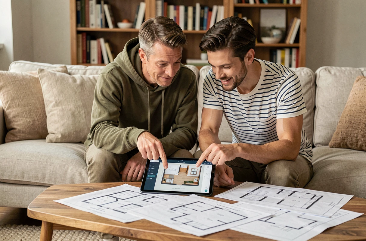 Couple assis sur un canapé utilisant une application tablette pour créer ensemble le plan de leur maison avec des logiciels gratuits
