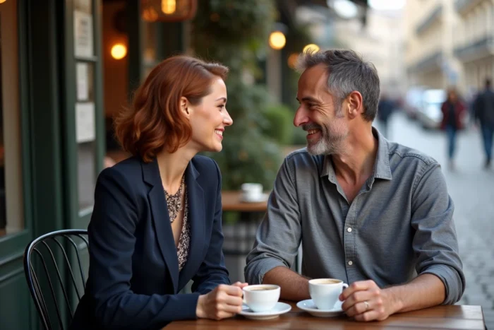 Couple discret partageant un moment intime en terrasse de café parisien, illustrant la vie privée d'une personnalité publique et son compagnon