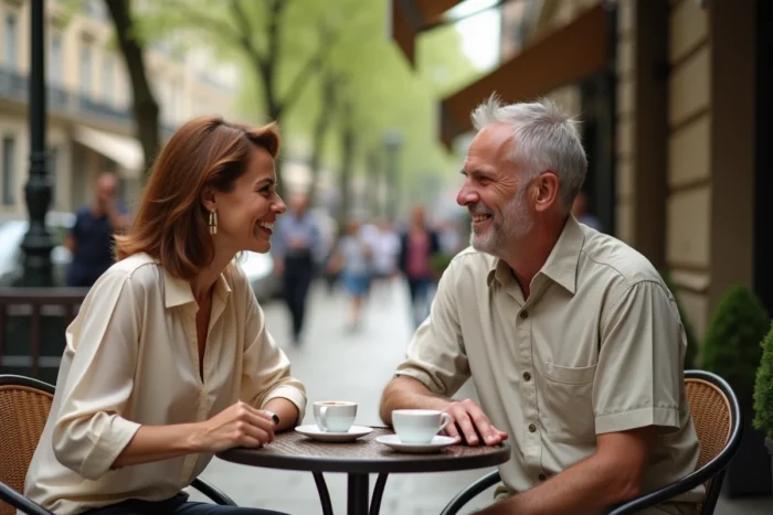 Couple élégant partageant un moment complice en terrasse de café parisien, représentant une vie amoureuse épanouie